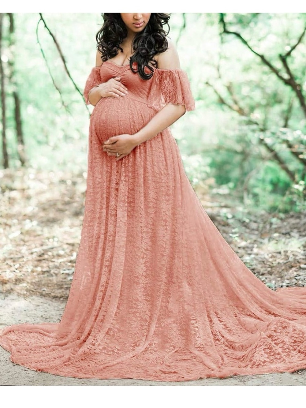 Off-Shoulder Lace Maternity Gown in Dusty Rose